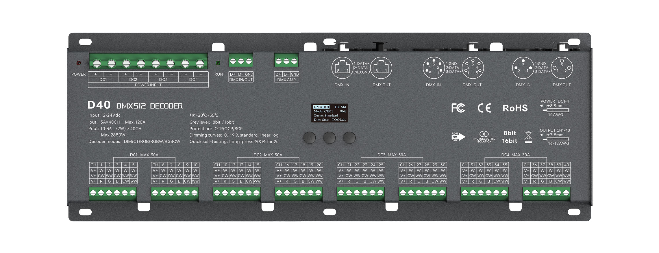 12-24VDC 40CHx3A CV DMX512/RDM Decoder D40