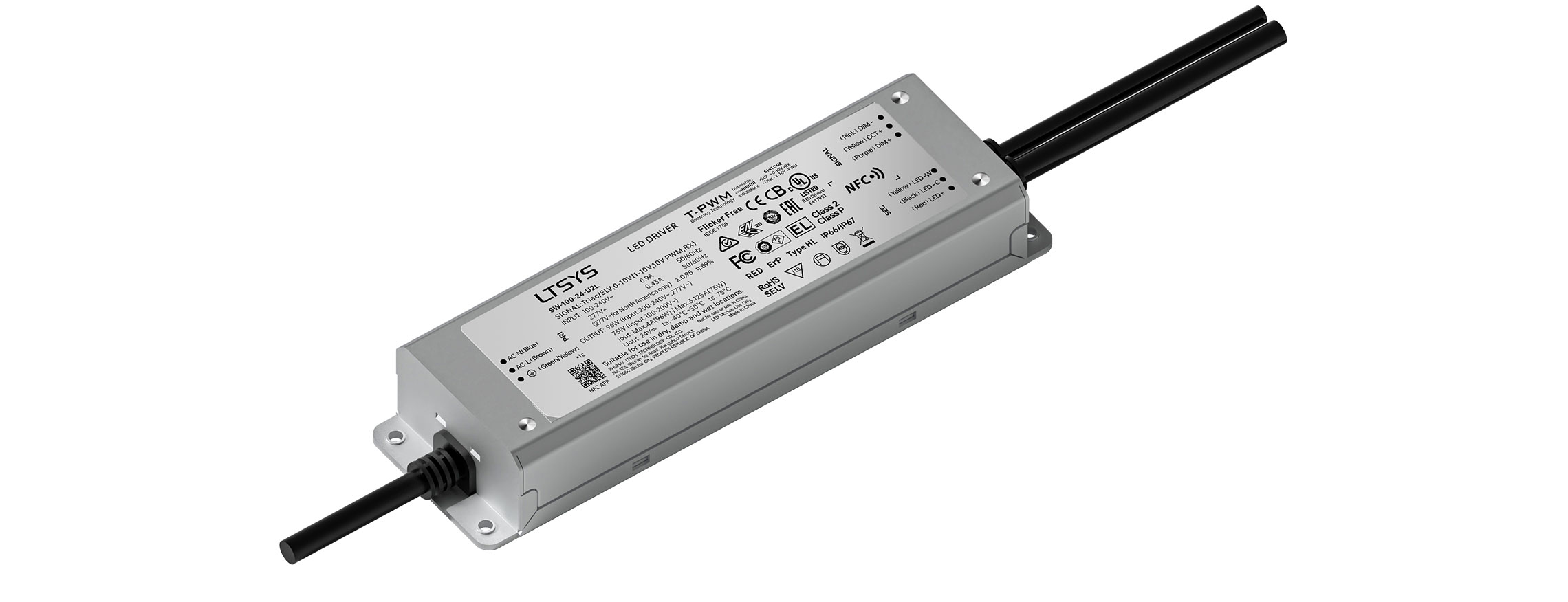 96W 24VDC UL Certification NFC CV Triac/0-10V Waterproof Tunable White LED Driver SW-100-24-U2L